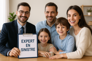Famille souriante accompagnée d'un expert en sinistre